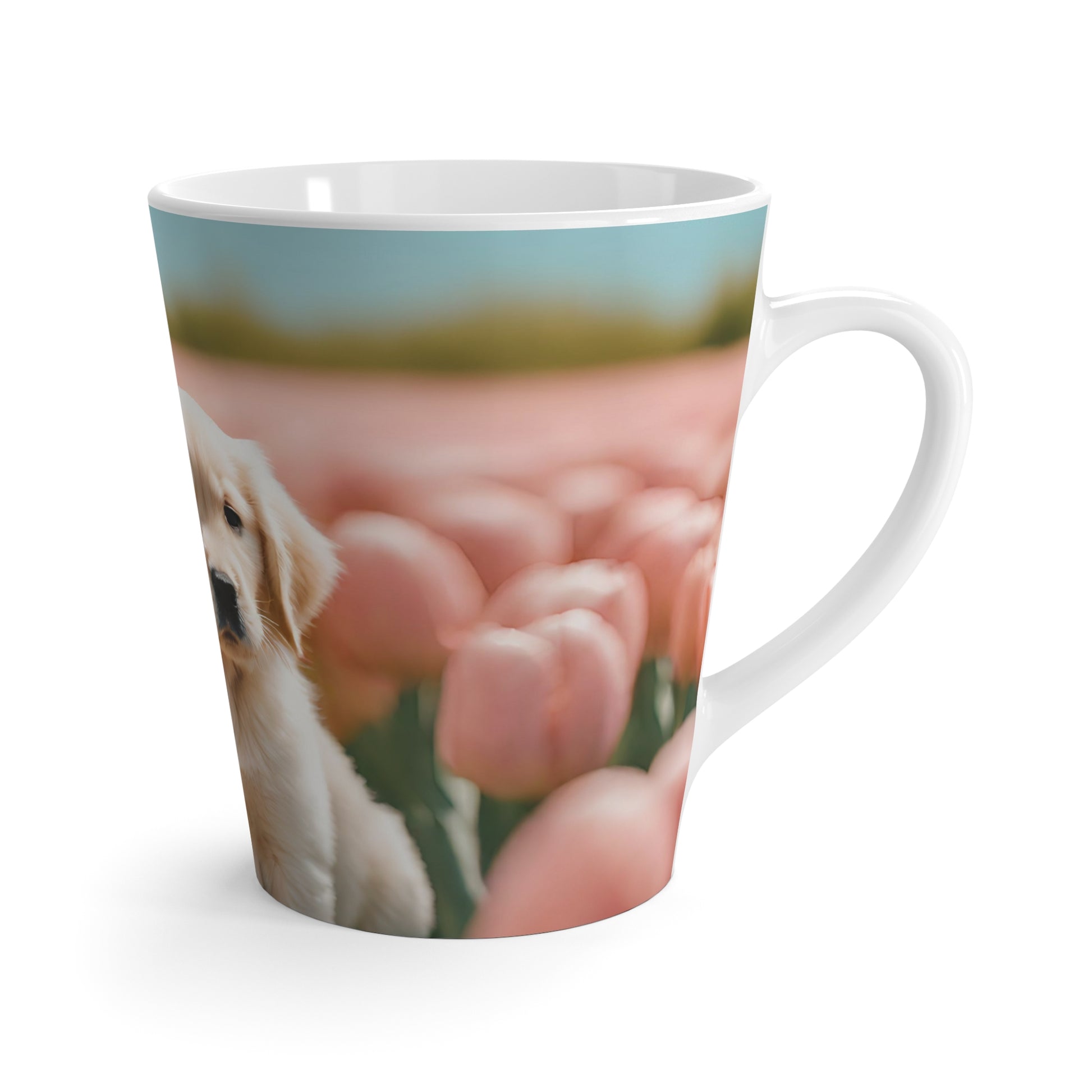 Latte Mug, 12oz, Golden Retriever Puppy, Pink Tulips