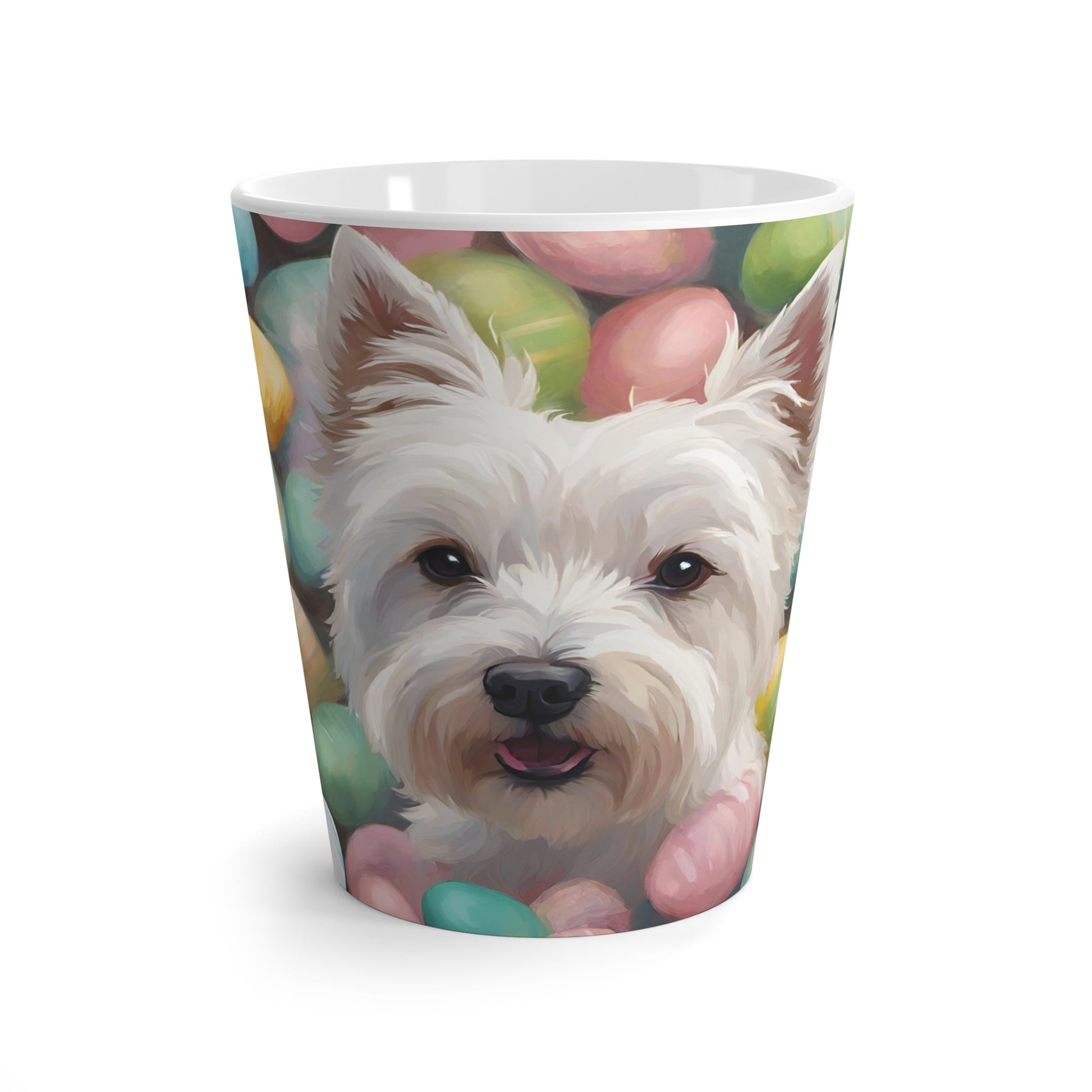 Latte Mug 12oz Westie Easter Eggs Background