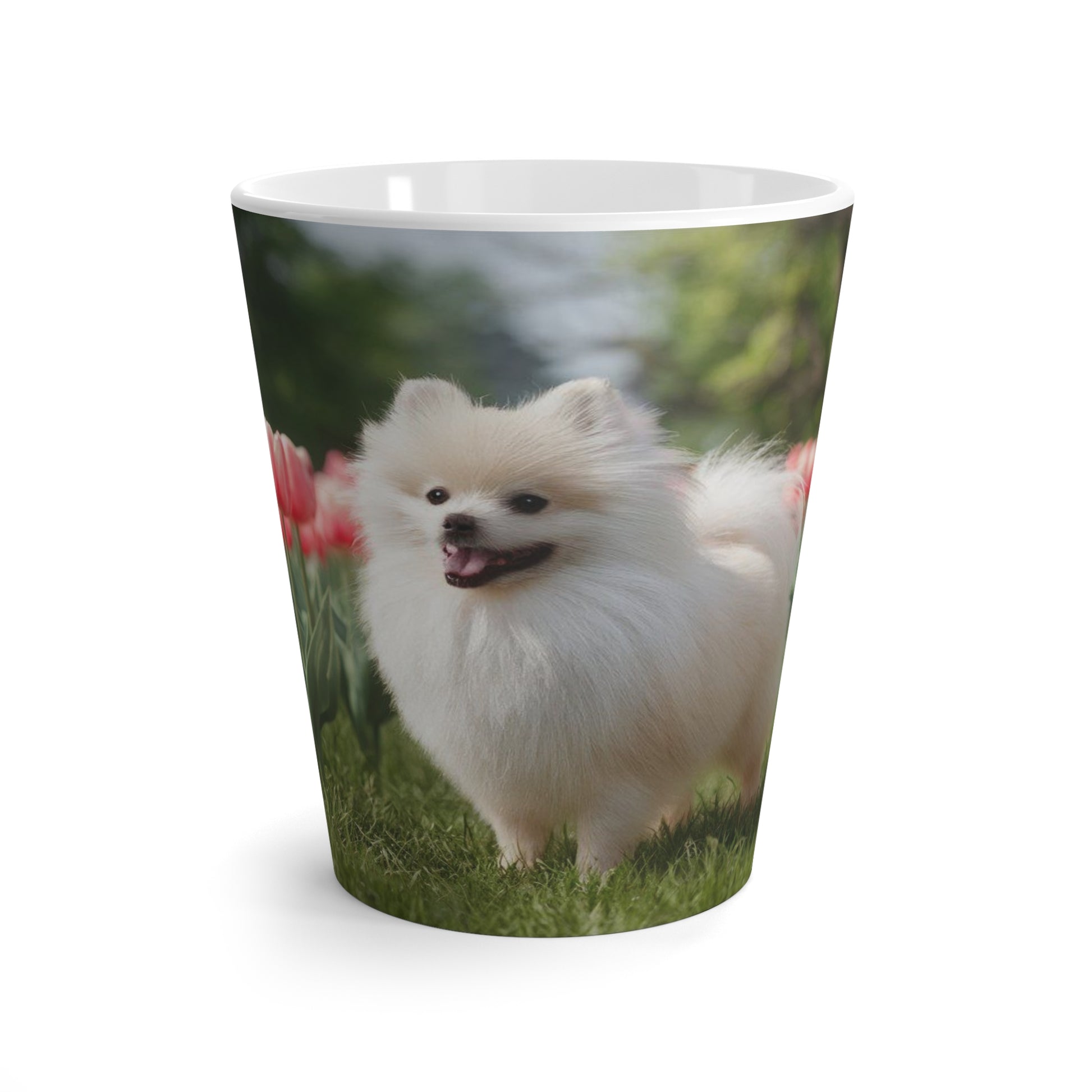 Latte Mug 12 oz Pomeranian Tulip Field