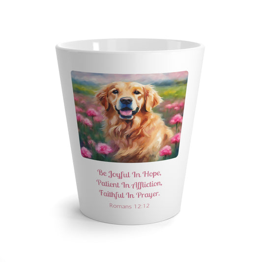 Latte Mug 12 oz Golden Retriever Spring Carnation Romans 12