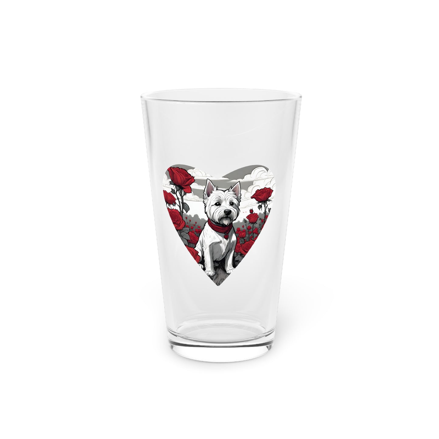 Pint Glass, 16oz, Westie With Heart And Red Roses