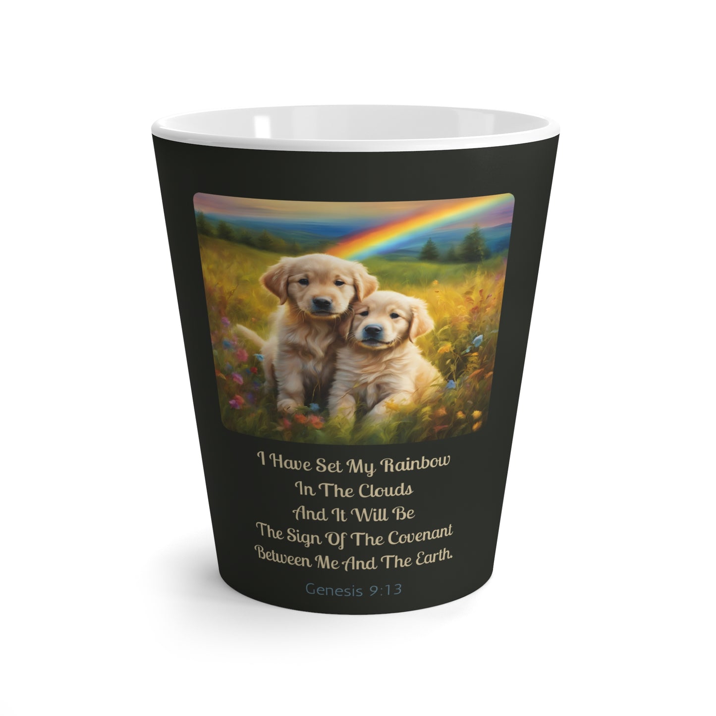 Latte Mug - Cute Golden Retriever Puppies with Genesis 9:13 Bible Verse