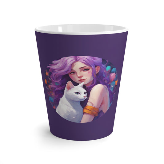 Latte Mug 12 oz Anime Girl White Cat Purple