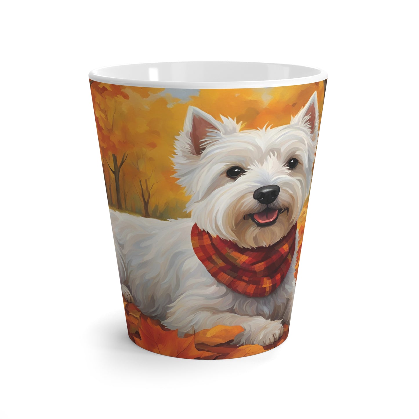 Latte Mug, 12 oz, Smiling Westie Fall Season