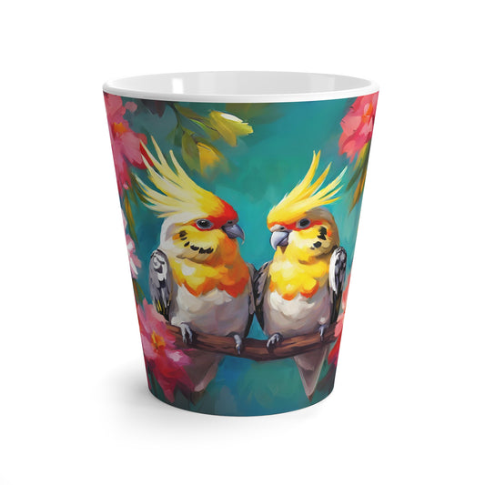 Latte Mug, 12 oz, Tropical Cockatiels In love
