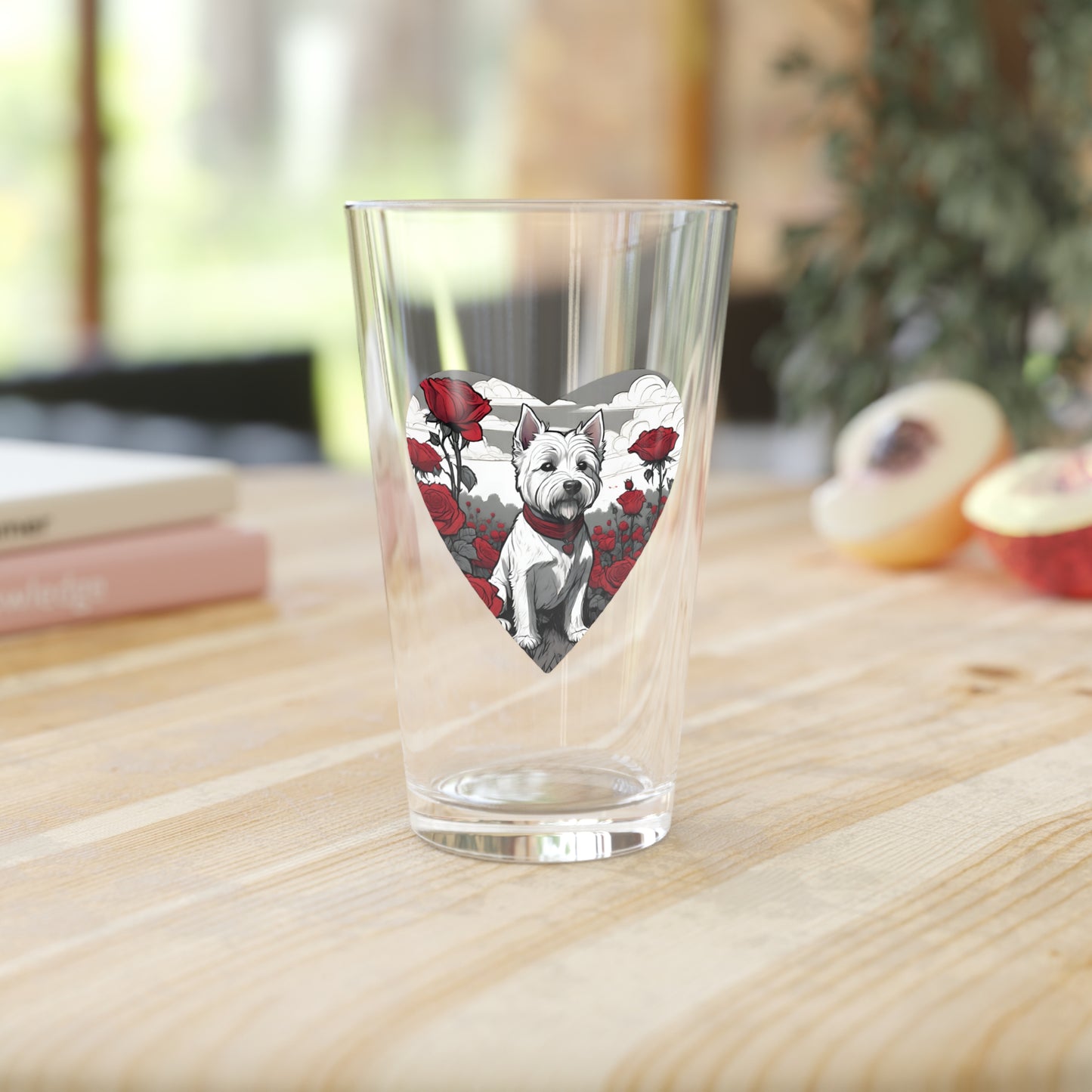 Pint Glass, 16oz, Westie With Heart And Red Roses