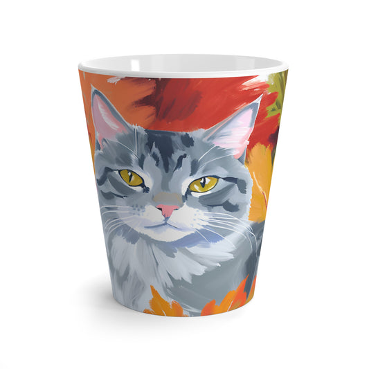 Latte Mug, 12 oz, Maine Coon Cat Fall Season