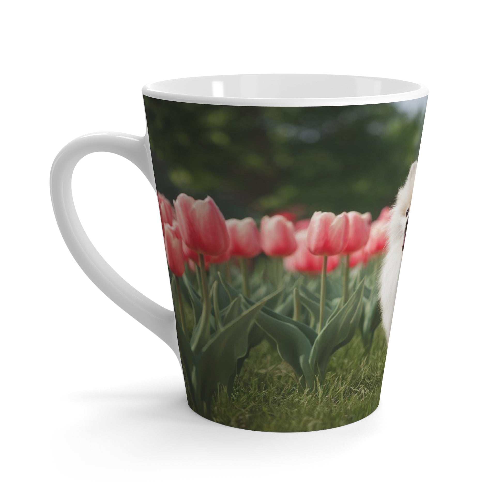 Latte Mug 12 oz Pomeranian Tulip Field