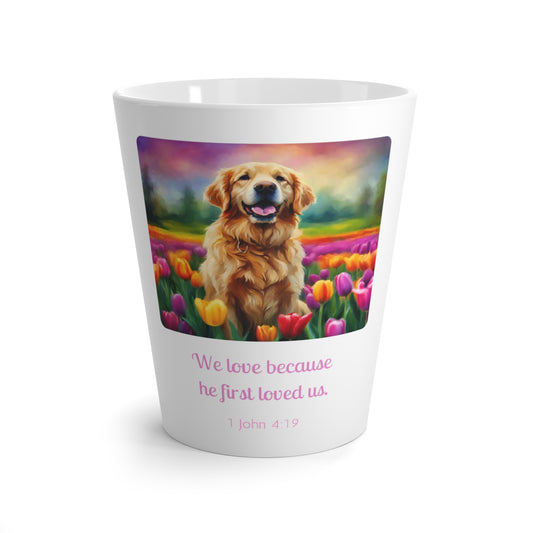 Latte Mug, Golden Retriever On Tulip Field, Spring, We Love Because He First Loved Us
