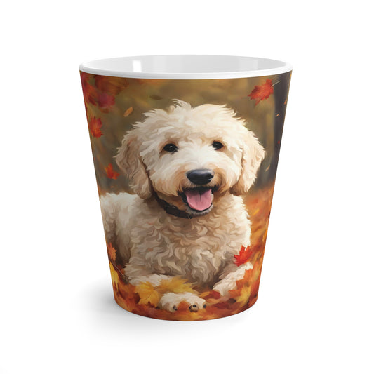 Latte Mug, 12 oz, Goldendoodle Resting On Fall Leaves