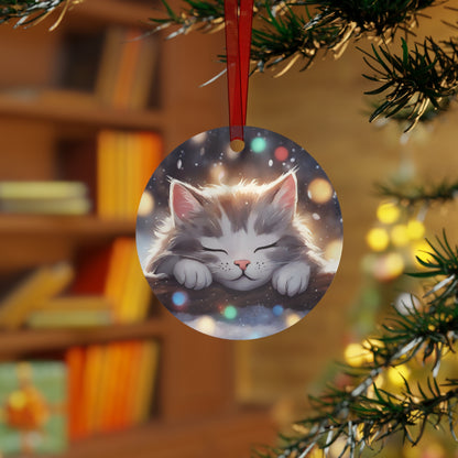 Ornament - Cute Kitty Sleeping in Snowy Christmas Scene