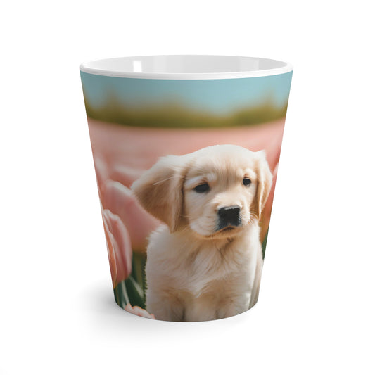 Latte Mug, 12oz, Golden Retriever Puppy, Pink Tulips