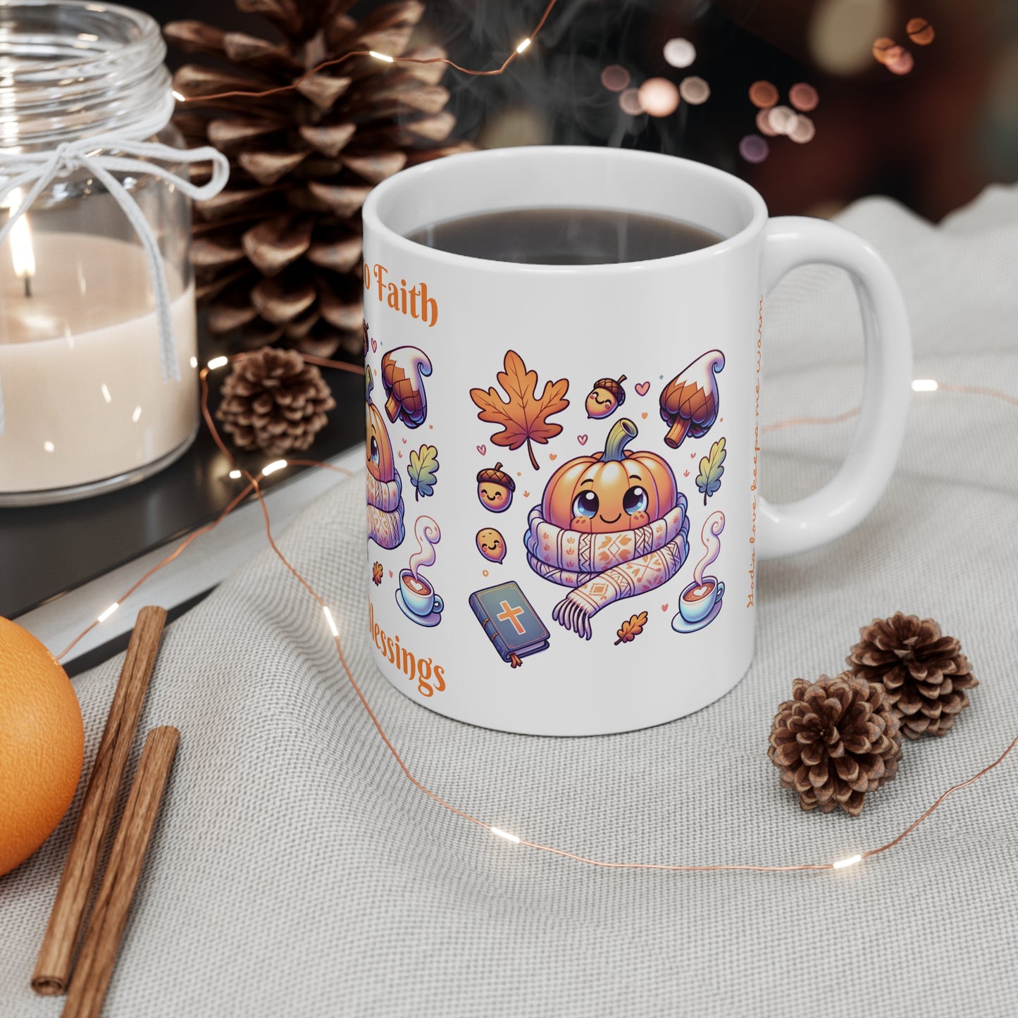 Cute Fall Faith Mug | 'Cozy Blessings' Christian Autumn Coffee Cup | Adorable Pumpkin Design - 11oz