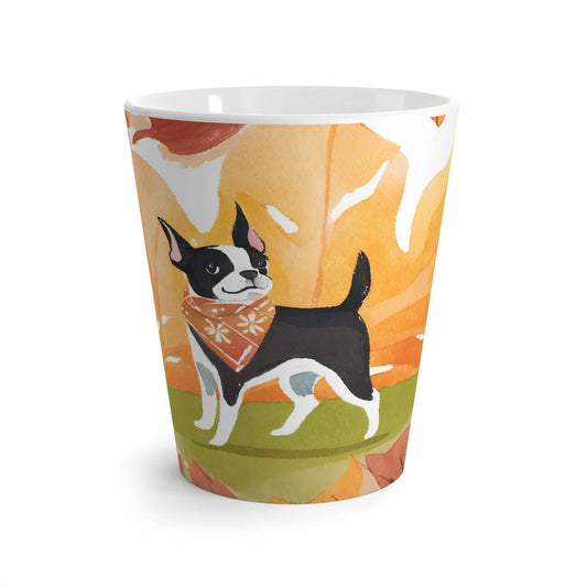 Latte Mug 12 oz Cute Boston Terrier Fall Season Watercolor Art