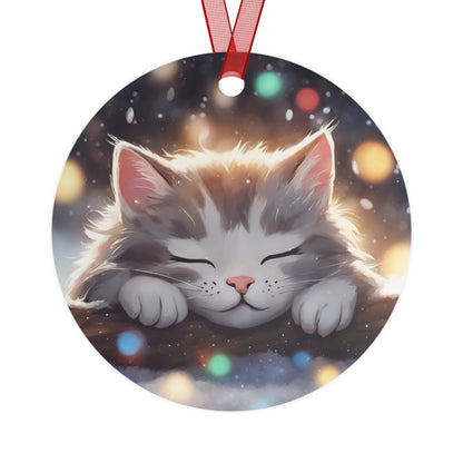 Ornament - Cute Kitty Sleeping in Snowy Christmas Scene