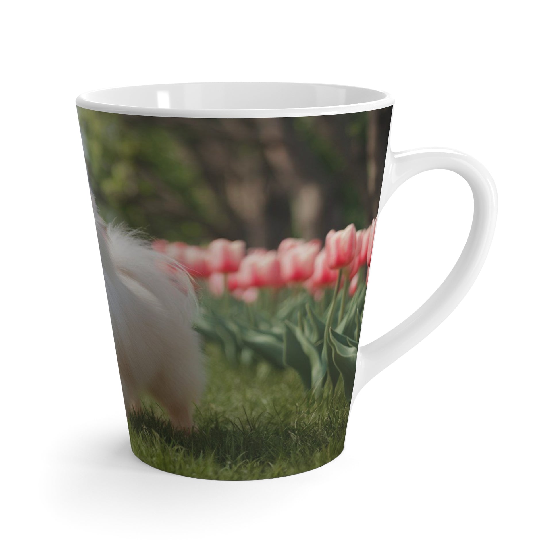 Latte Mug 12 oz Pomeranian Tulip Field