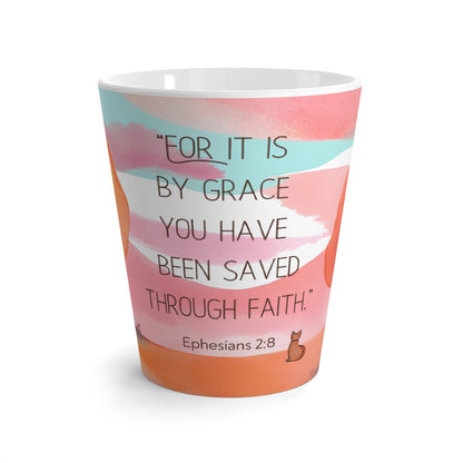 Latte Mug - Watercolor Fall Landscape with Bible Verse: Ephesians 2:8