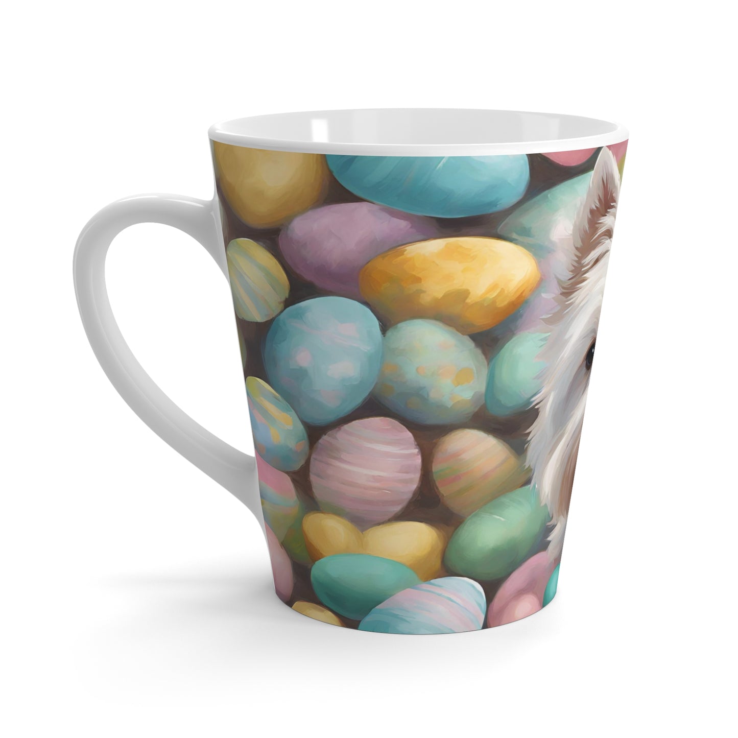 Latte Mug 12oz Westie Easter Eggs Background