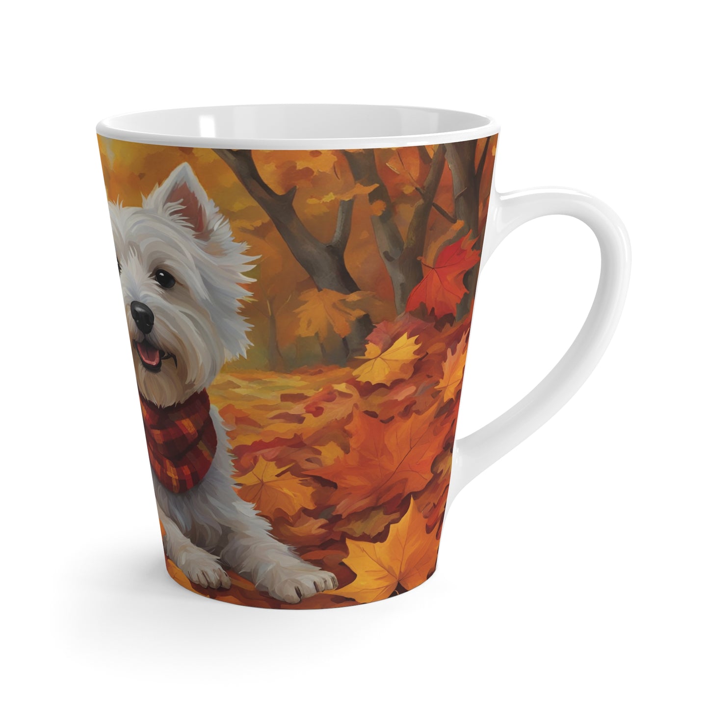 Latte Mug, 12 oz, Smiling Westie Fall Season