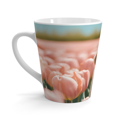 Latte Mug, 12oz, Golden Retriever Puppy, Pink Tulips