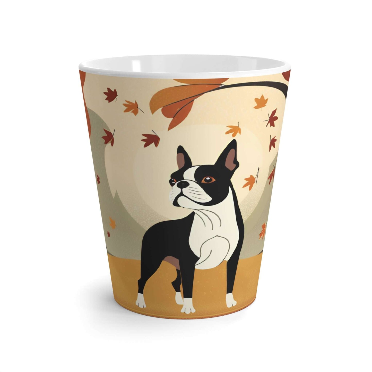 Latte Mug 12 oz Midcentury Boston Terrier Fall Season