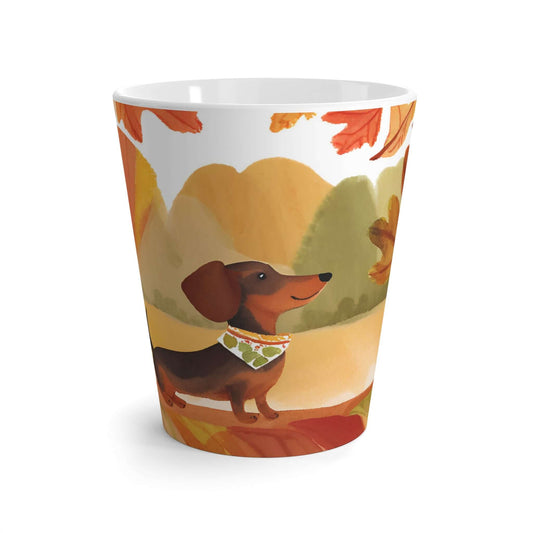 Latte Mug, 12 oz, Dachshund Fall Season, Watercolor Art