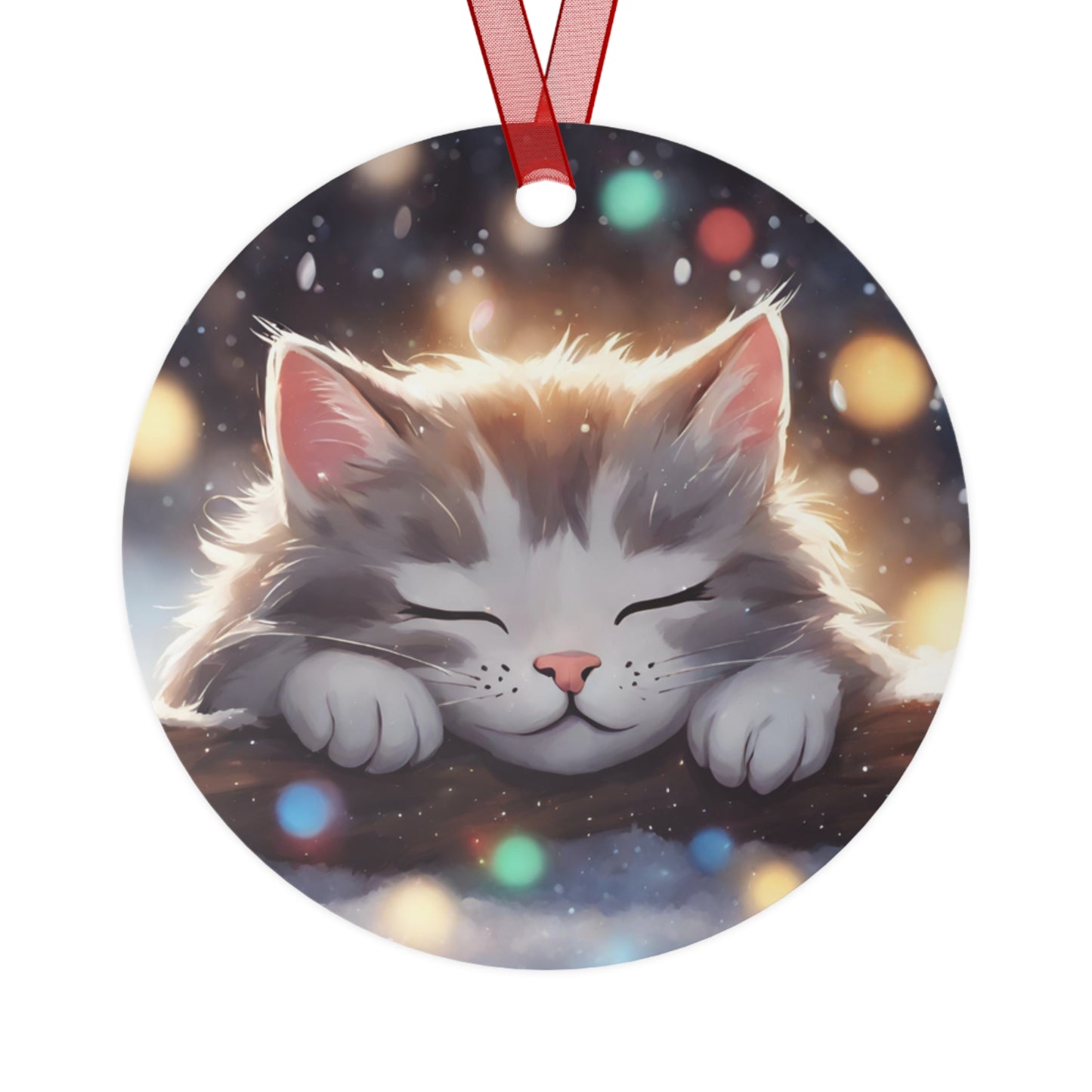 Ornament - Cute Kitty Sleeping in Snowy Christmas Scene