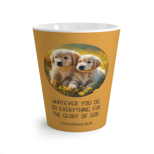 Latte Mug - Cute Golden Retriever Puppies with 1 Corinthians 10:31 Bible Verse